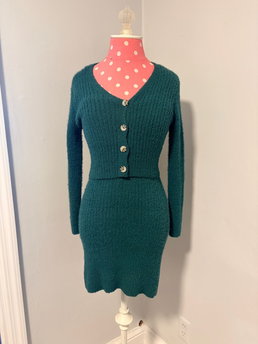 Chunky Teal Knit Button-Front Dress Set